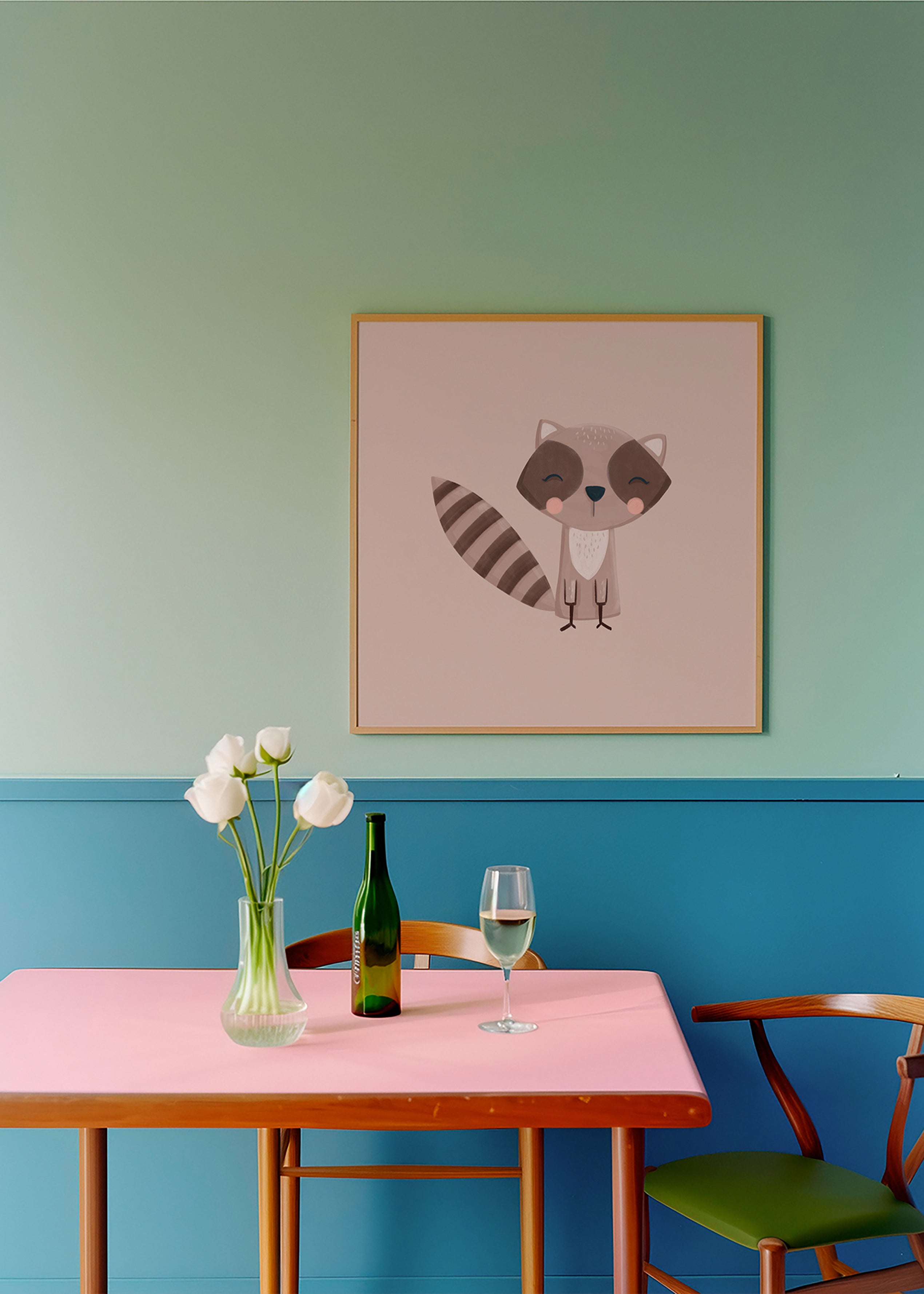 Affiche enfant : raton laveur souriant sur fond beige