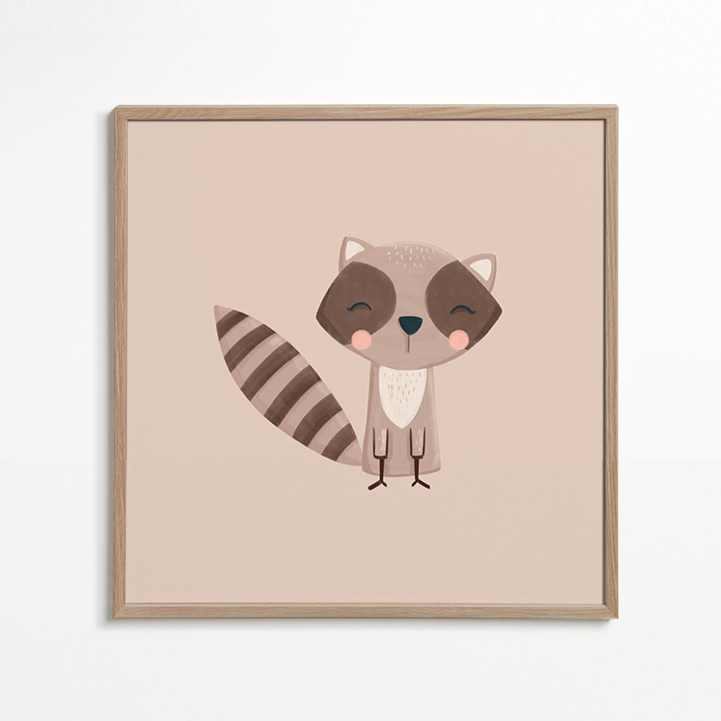 Affiche enfant : raton laveur souriant sur fond beige