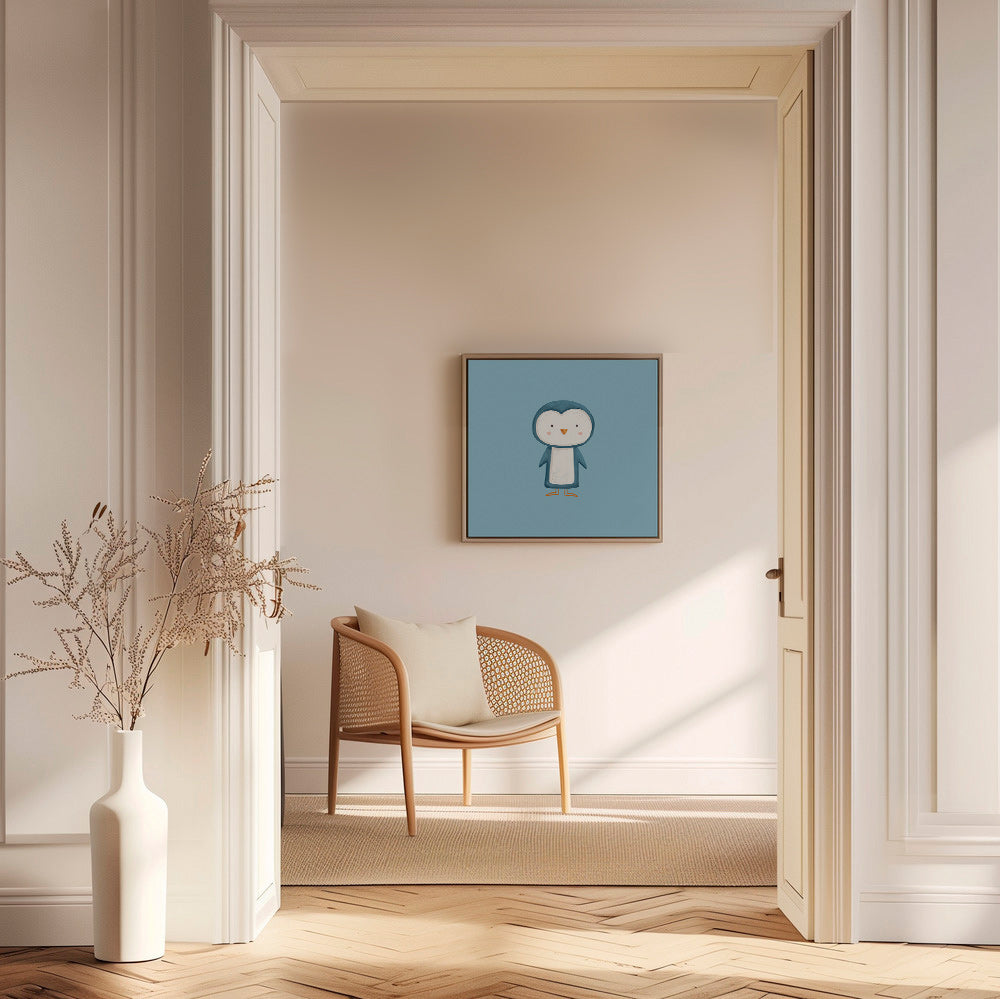 Œuvre pingouin illustrée sur fond bleu