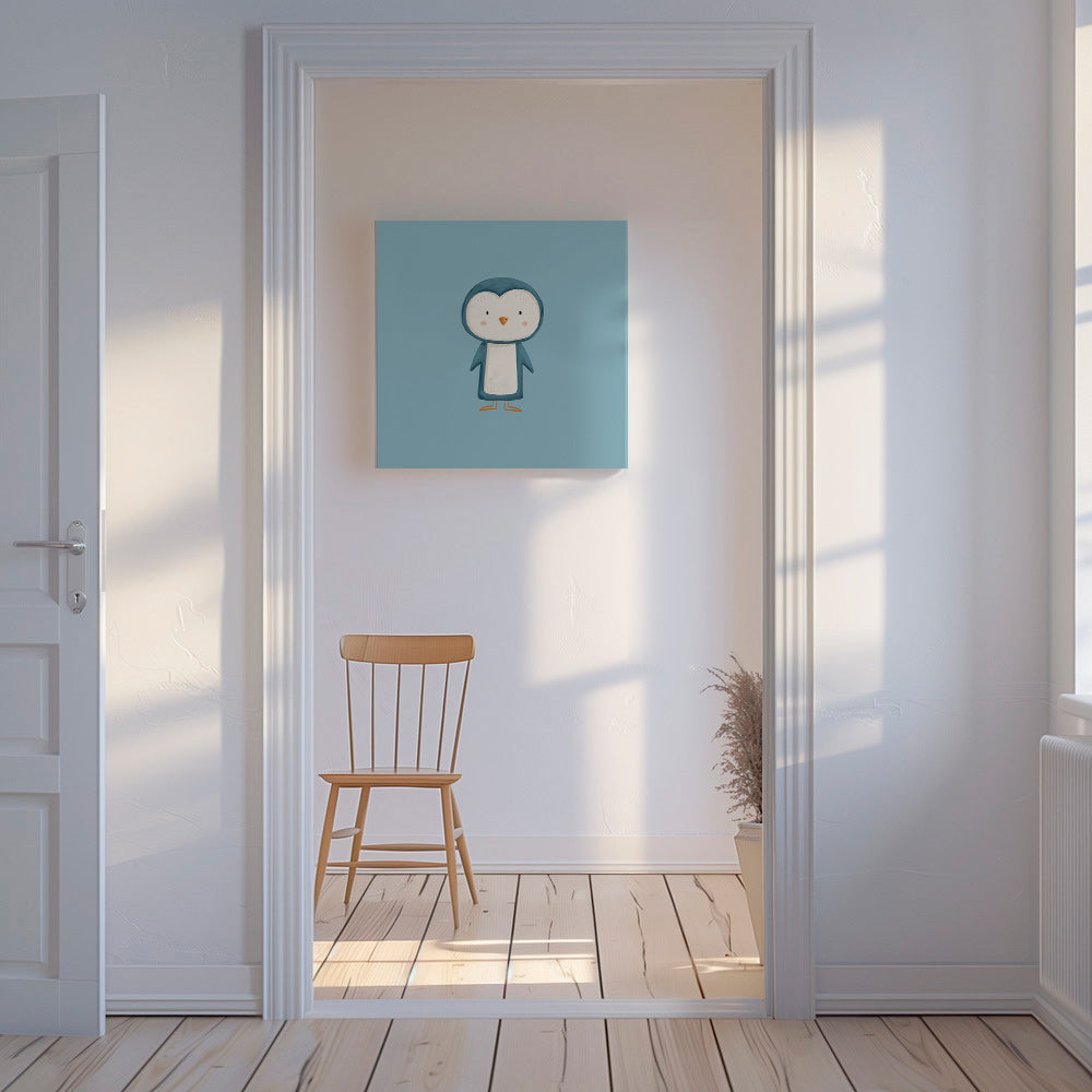 Œuvre pingouin illustrée sur fond bleu