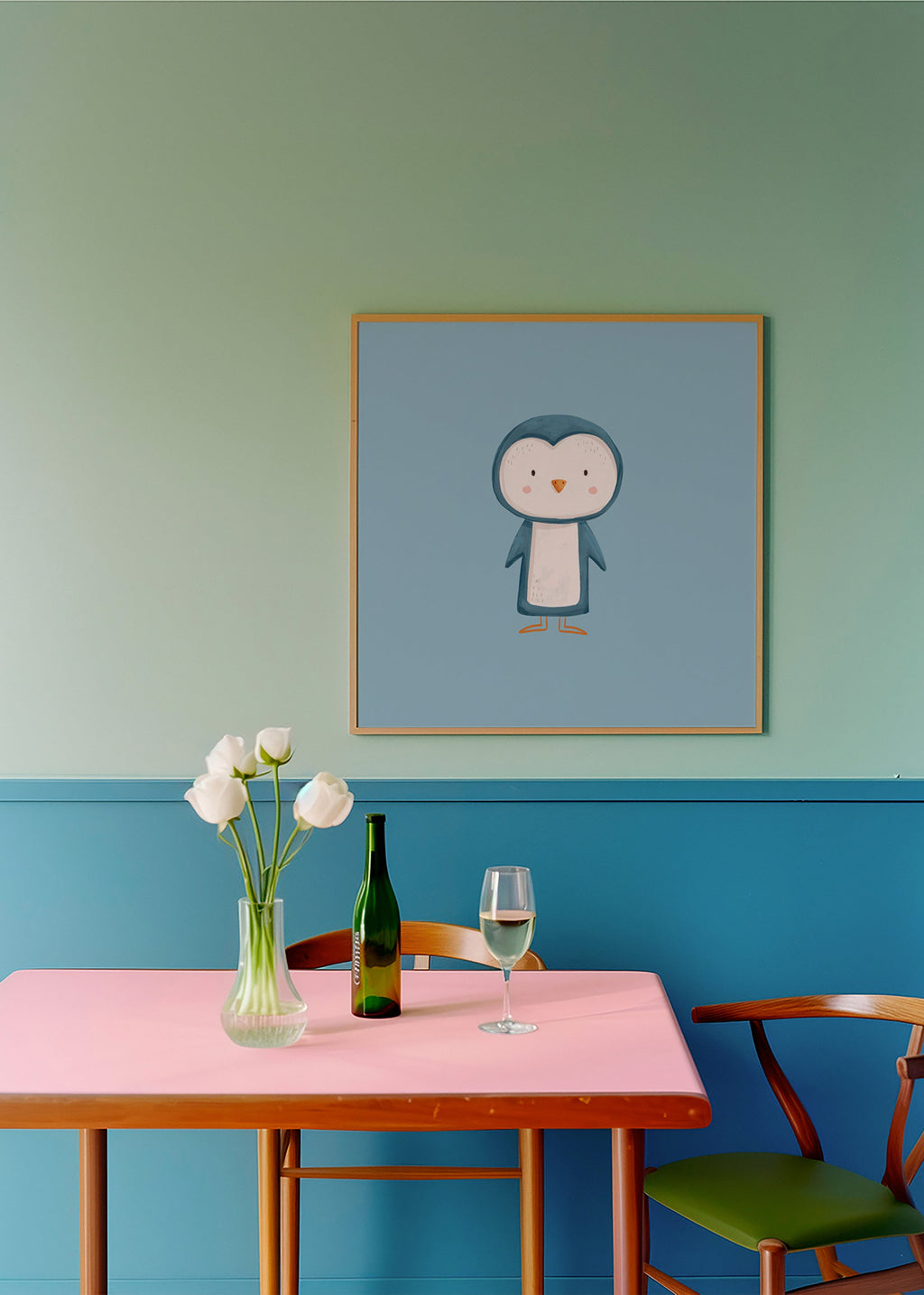 Œuvre pingouin illustrée sur fond bleu