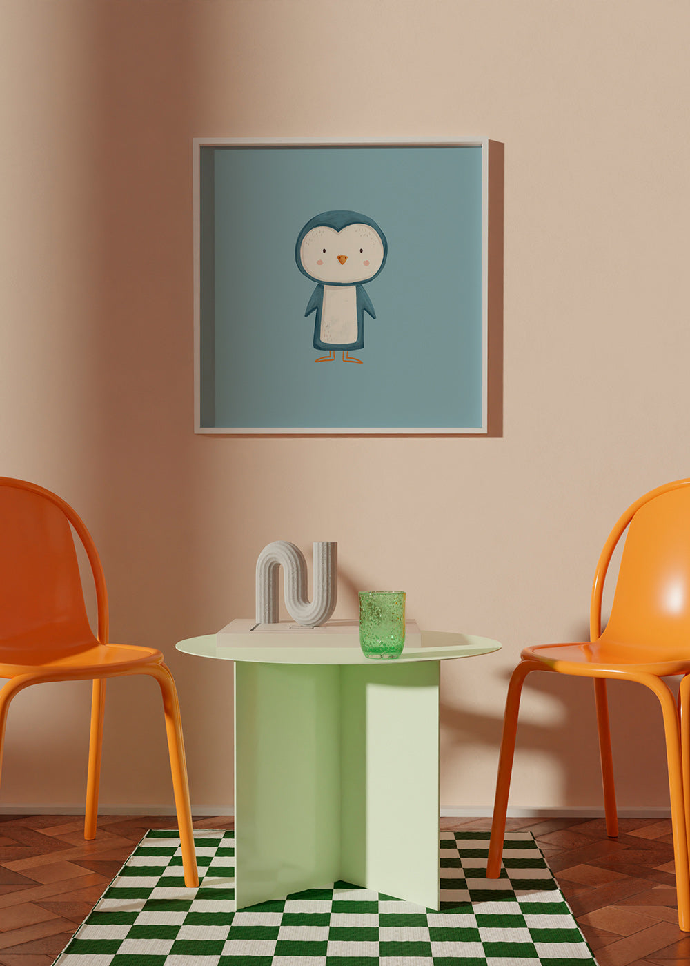 Œuvre pingouin illustrée sur fond bleu