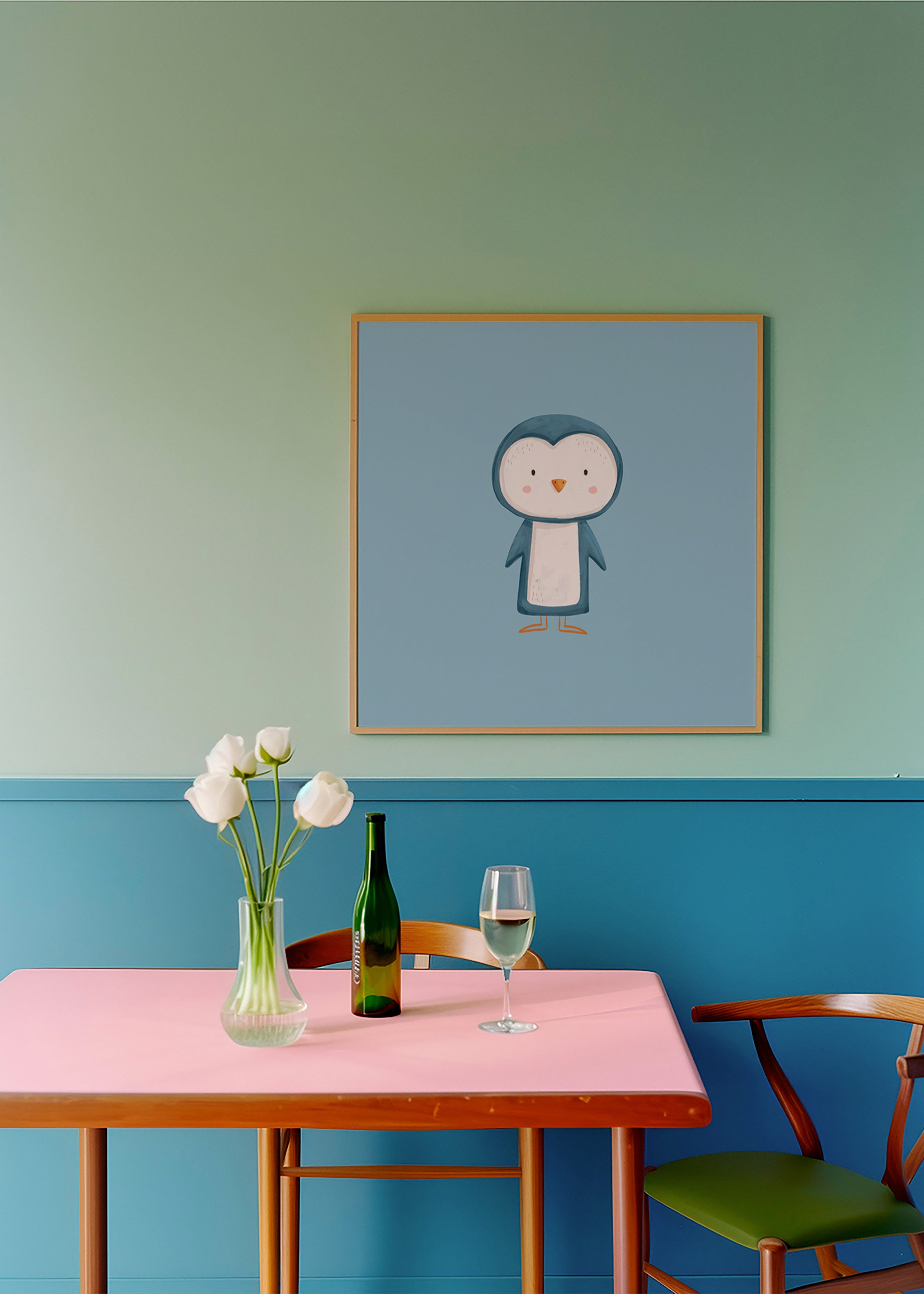 Œuvre pingouin illustrée sur fond bleu