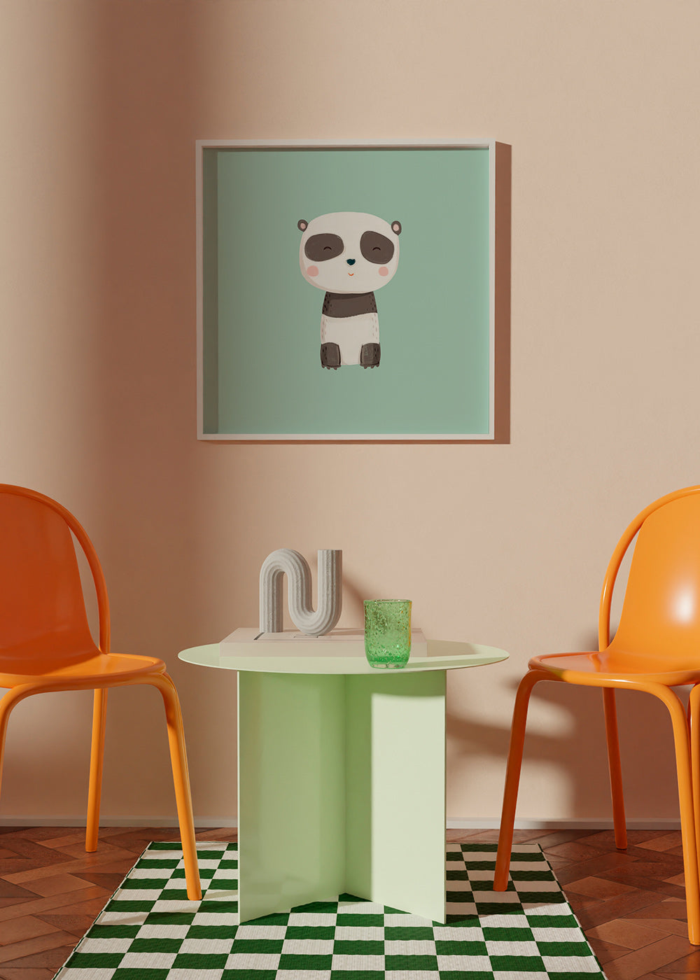 Impression enfant panda souriant sur fond menthe
