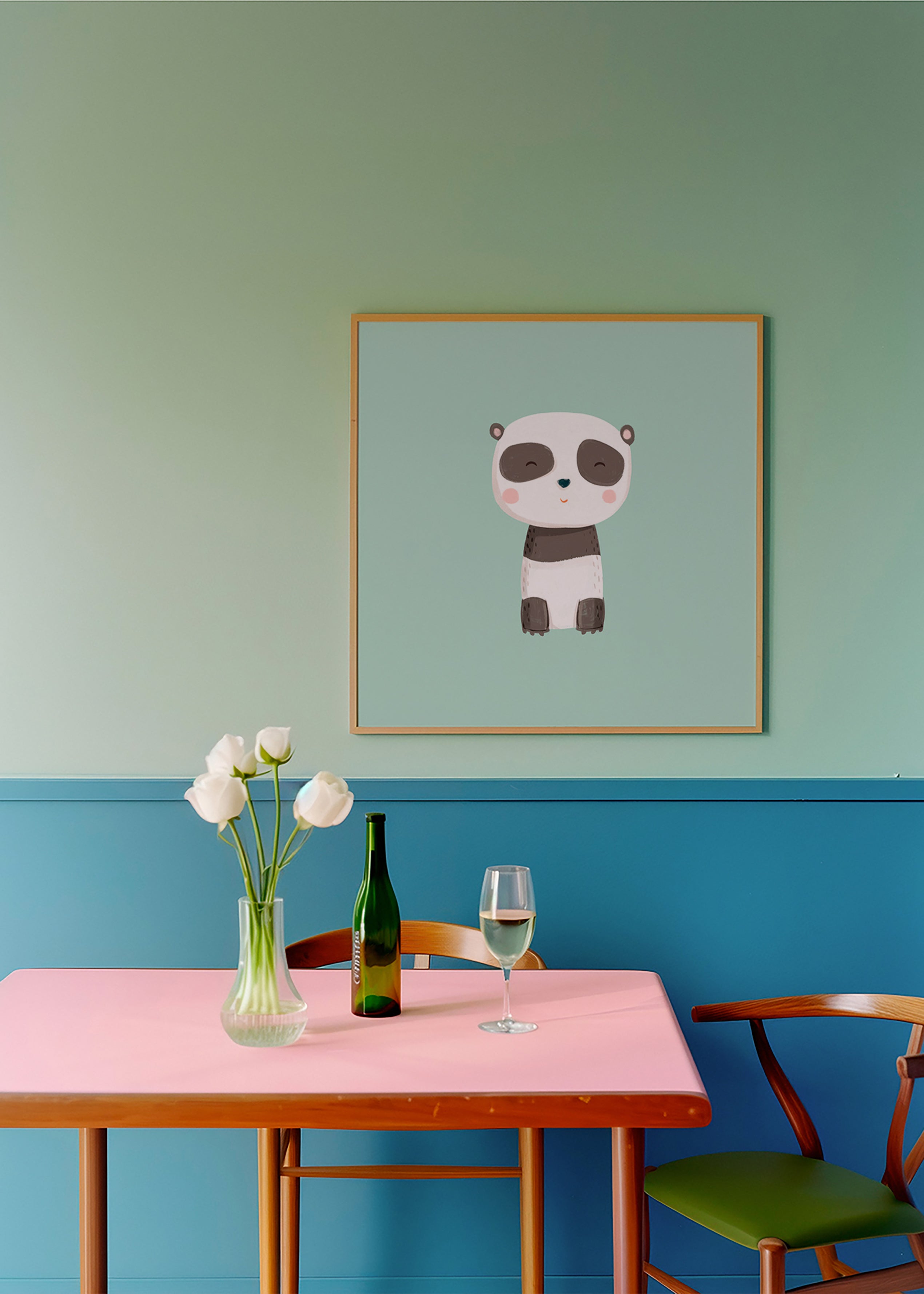 Impression enfant panda souriant sur fond menthe