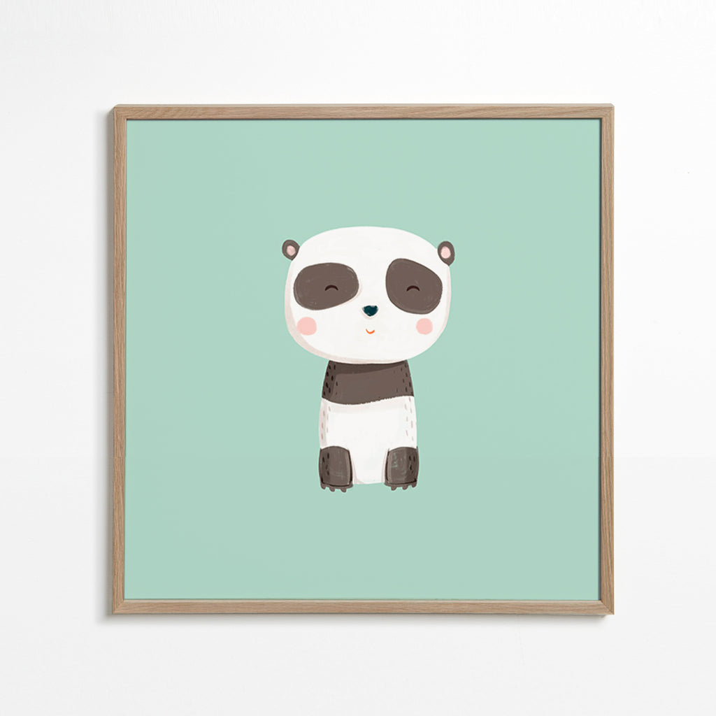 Impression enfant panda souriant sur fond menthe