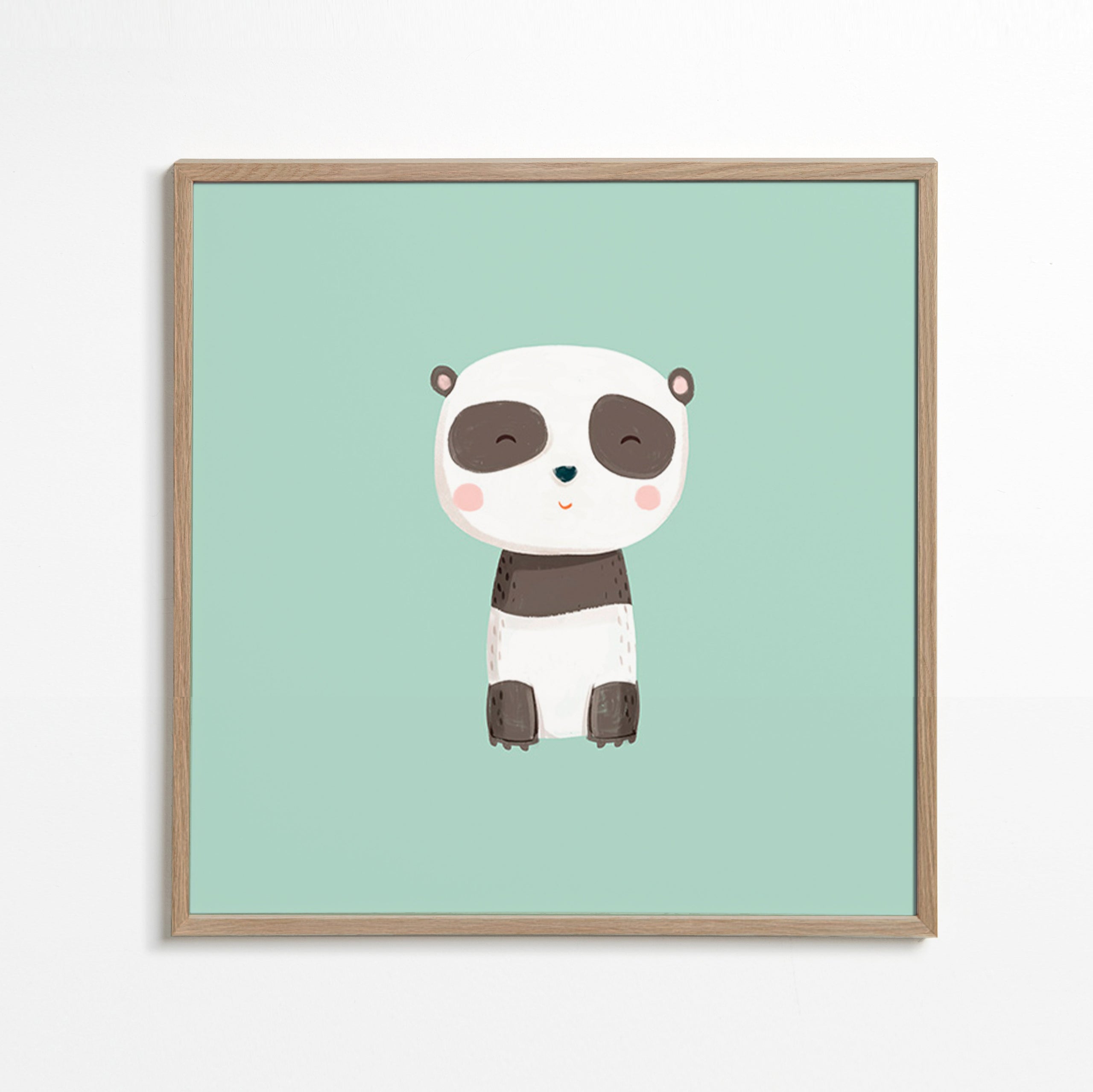 Impression enfant panda souriant sur fond menthe