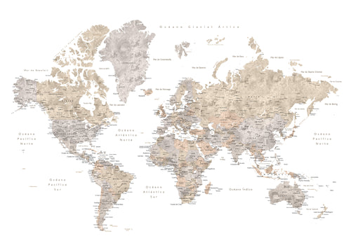Detailed taupe watercolor world map with labels in Spanish, Abey - Unframed art print