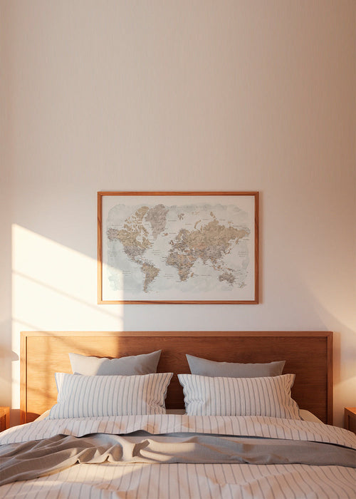 Detailed watercolor world map with labels in Spanish, Calista