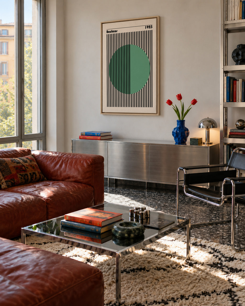 Bauhaus Green Circle - Framed canvas in an interior