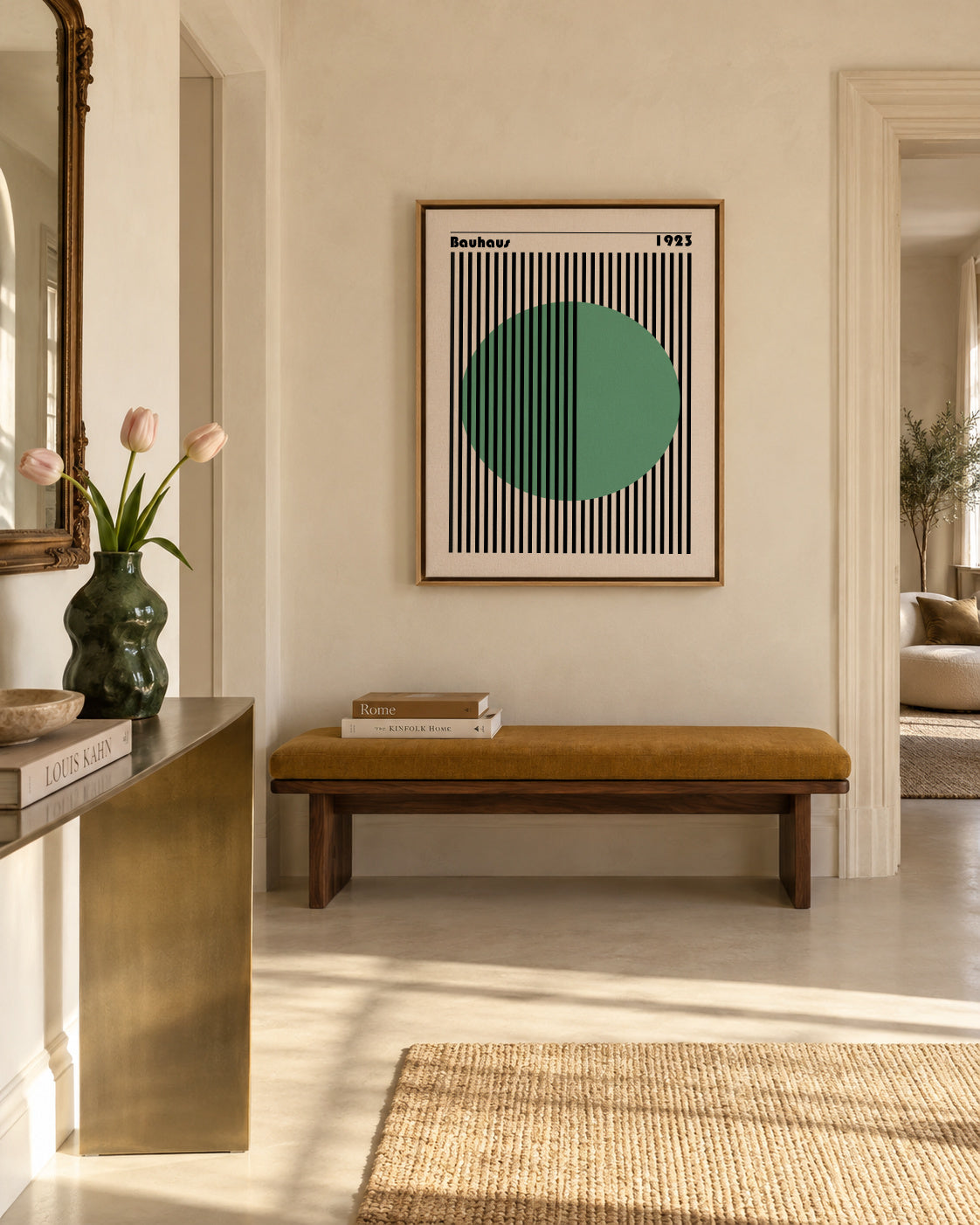 Bauhaus Green Circle - Framed canvas in an interior