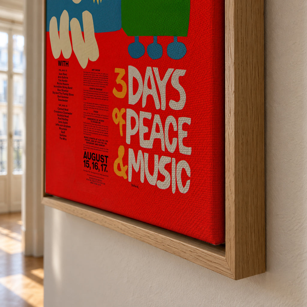 Woodstock 1969 Poster - 3 days of peace & music - Framed canvas detail
