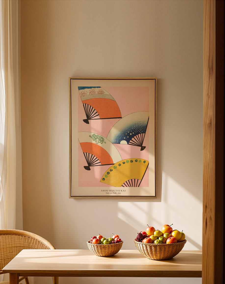 Shin-Bijutsukai - Fans on pink - Framed canvas in an interior