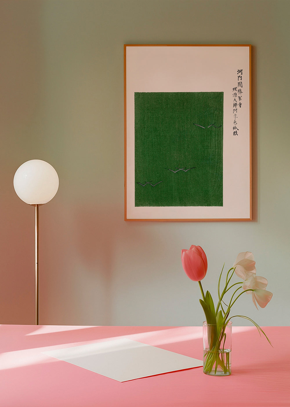 Green Birds Woodblock print from Yatsuo no tsubaki by Taguchi Tomoki