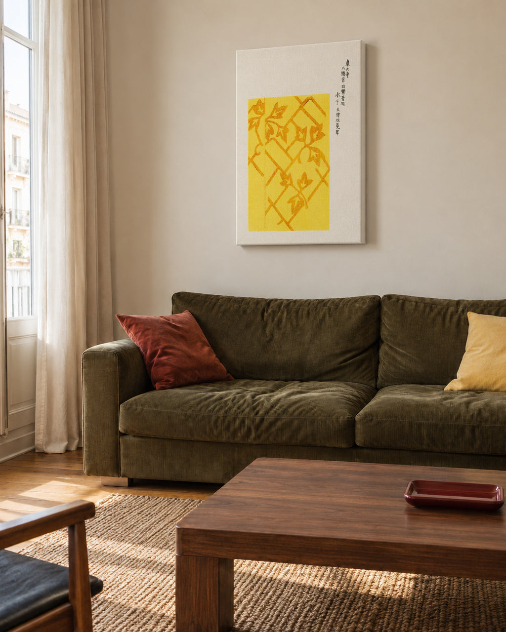 Yellow Woodblock print from Yatsuo no tsubaki by Taguchi Tomoki - Unframed canvas in an interior