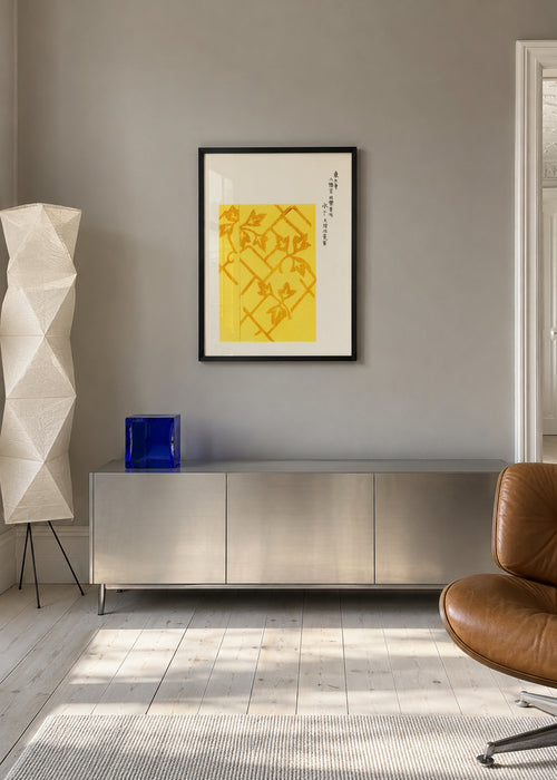 Yellow Woodblock print from Yatsuo no tsubaki by Taguchi Tomoki - Framed poster in an interior