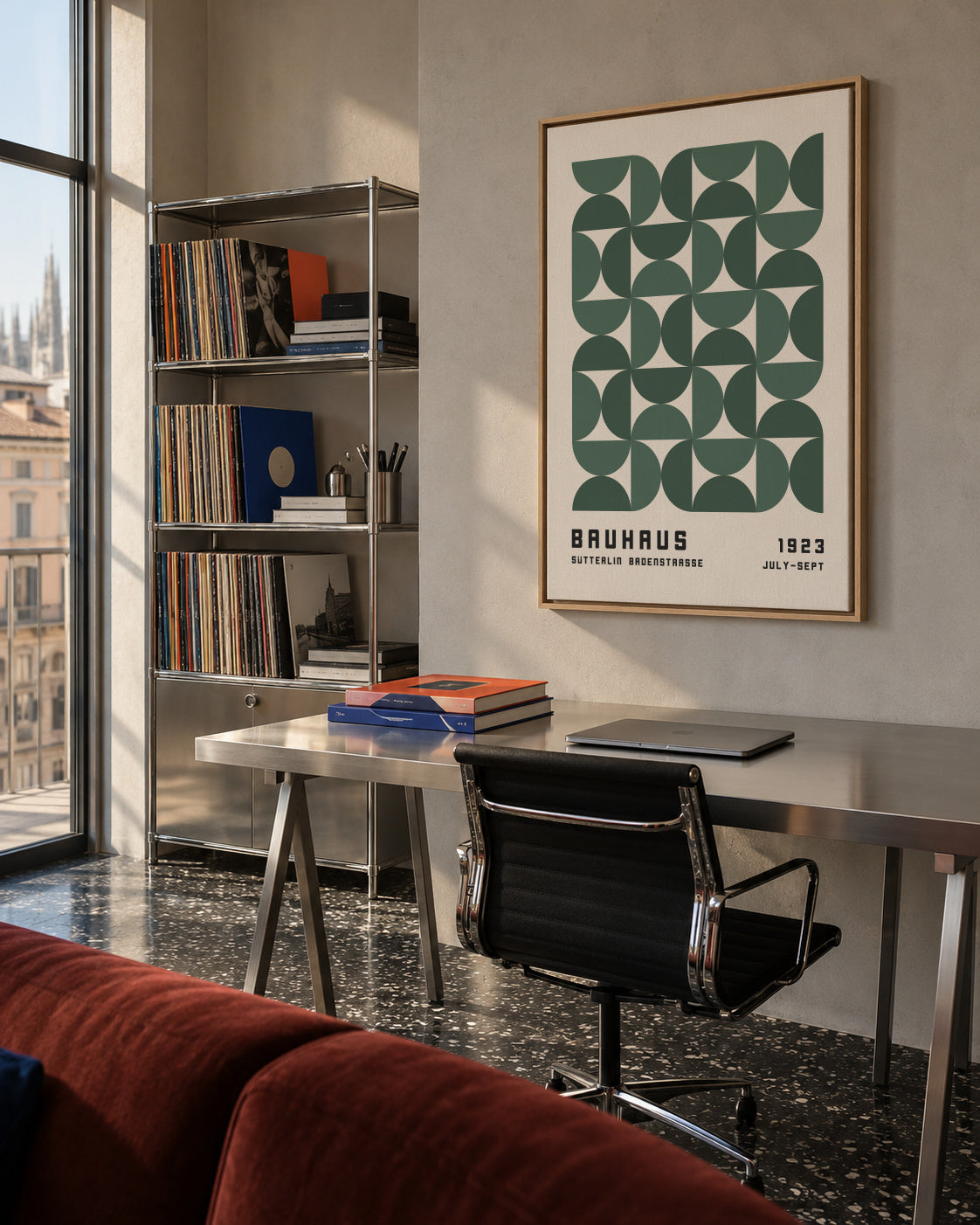 Bauhaus Green Exhibition Poster - Framed canvas in an interior
