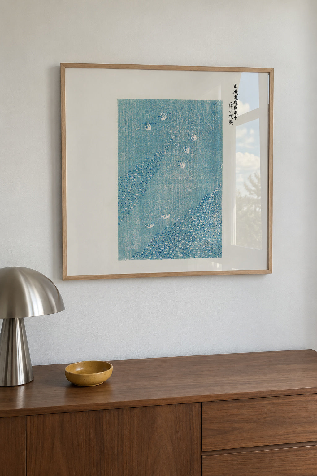 Blue Birds Woodblock print from Yatsuo no tsubaki by Taguchi Tomoki - Square - Framed poster in an interior