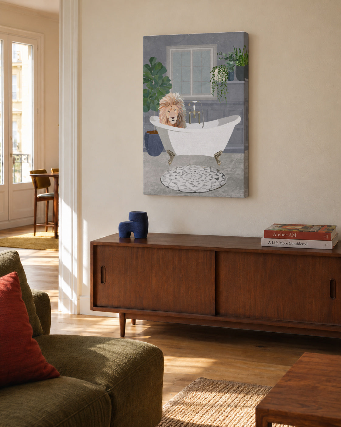 Lion takes a bath - Unframed canvas in an interior