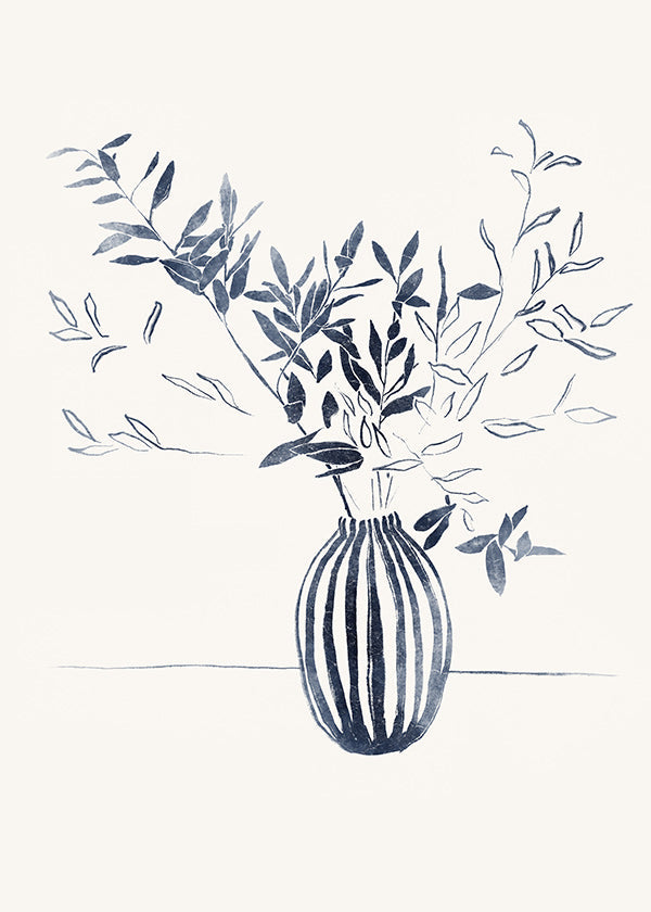 Lámina botánica: ramas azules en jarrón