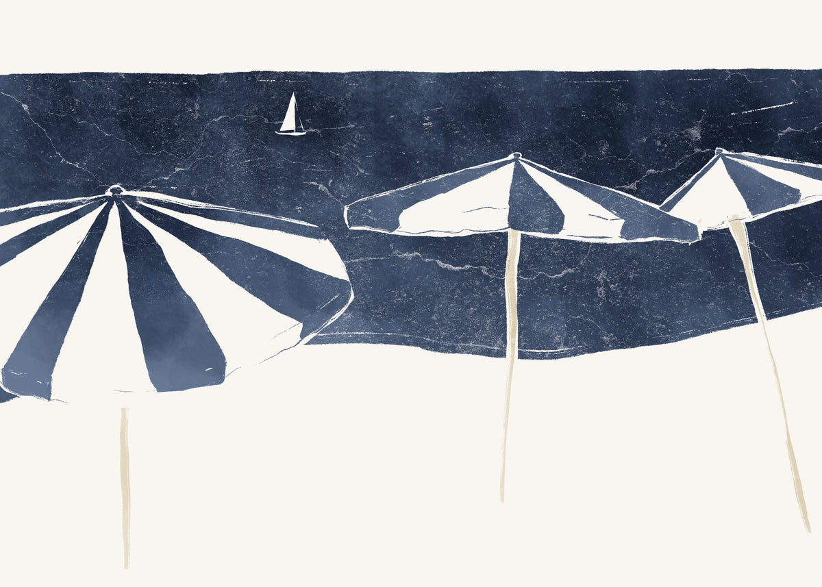 Blue Umbrellas and Sailboat - Unframed art print