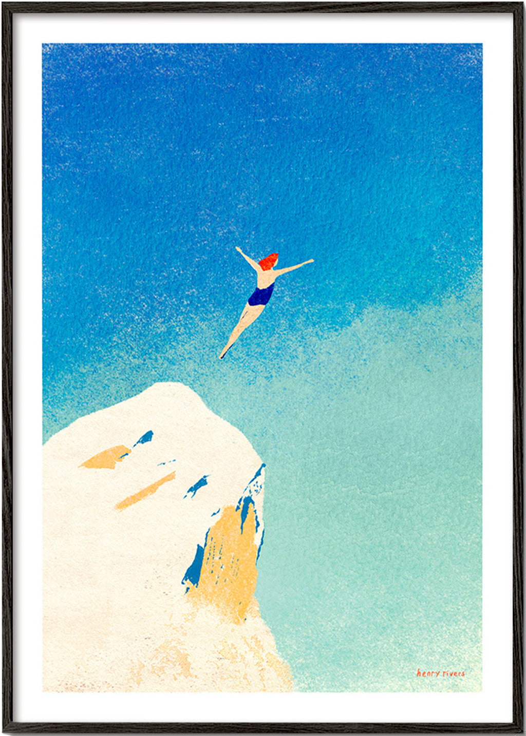 Illustration: plongeon depuis une falaise sur ciel bleu – Black Frame