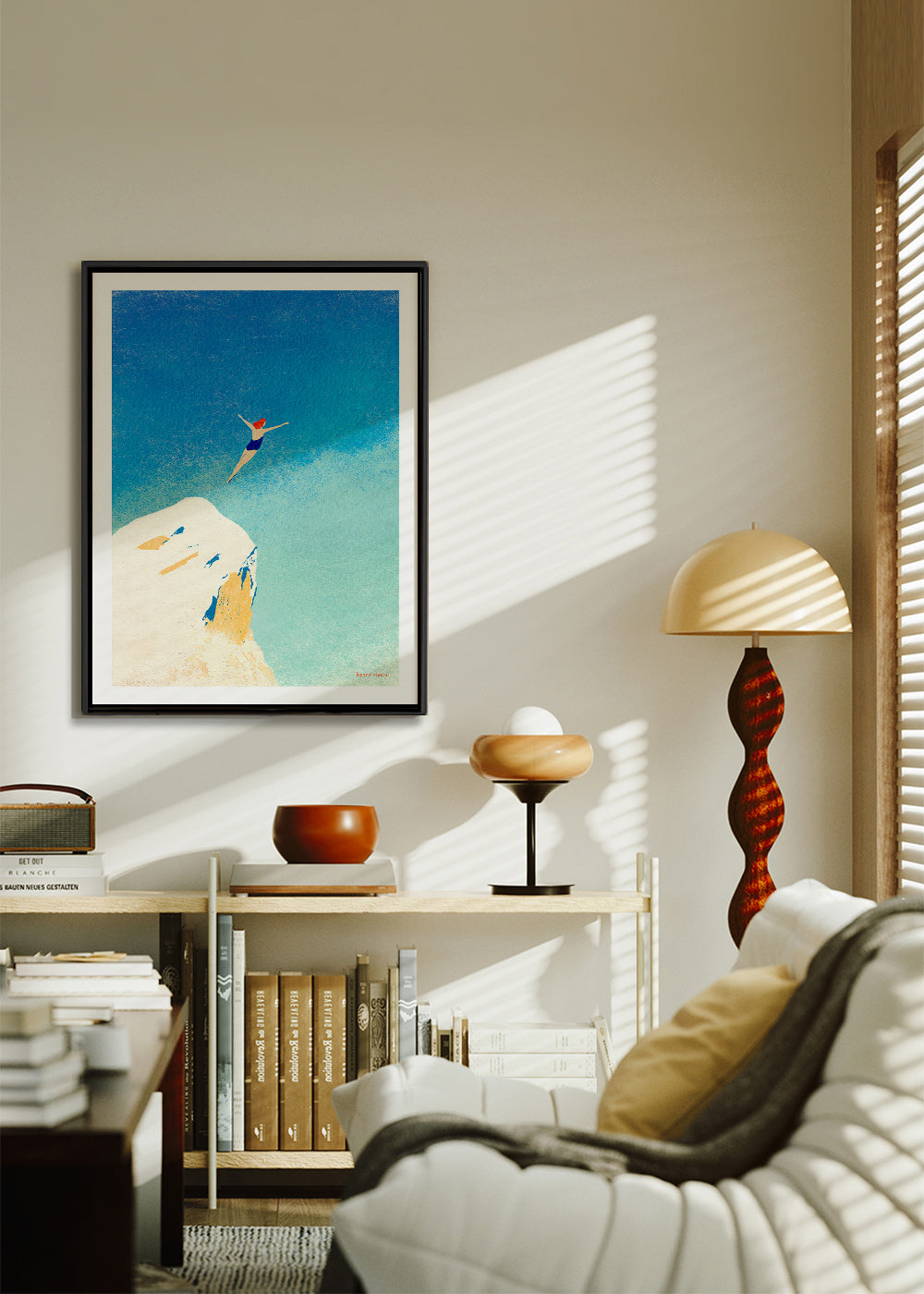 Illustration: plongeon depuis une falaise sur ciel bleu – Canvas2