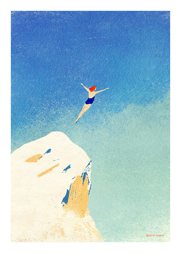 Illustration: plongeon depuis une falaise sur ciel bleu
