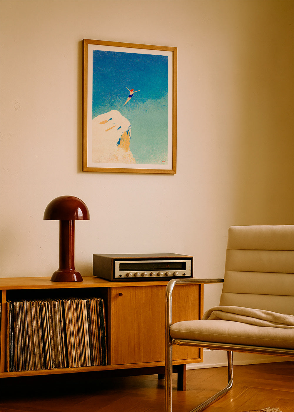 Illustration: plongeon depuis une falaise sur ciel bleu – Product2