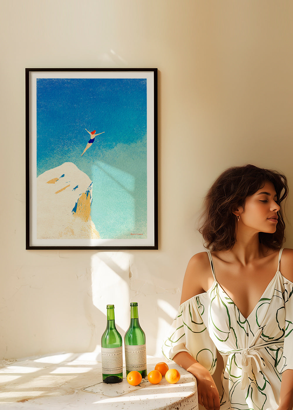 Illustration: plongeon depuis une falaise sur ciel bleu – Product3