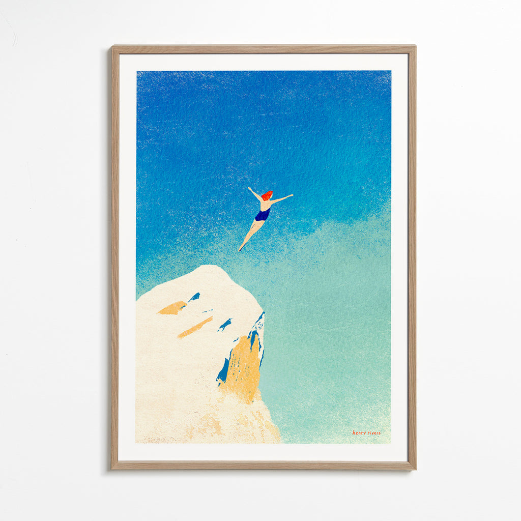 Illustration: plongeon depuis une falaise sur ciel bleu – Oak Frame