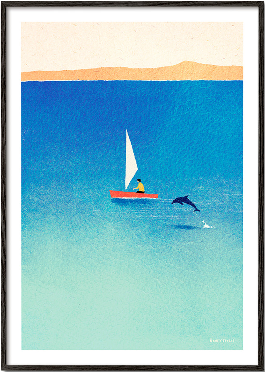 Œuvre d'art dauphin et voilier en mer bleue – Black Frame