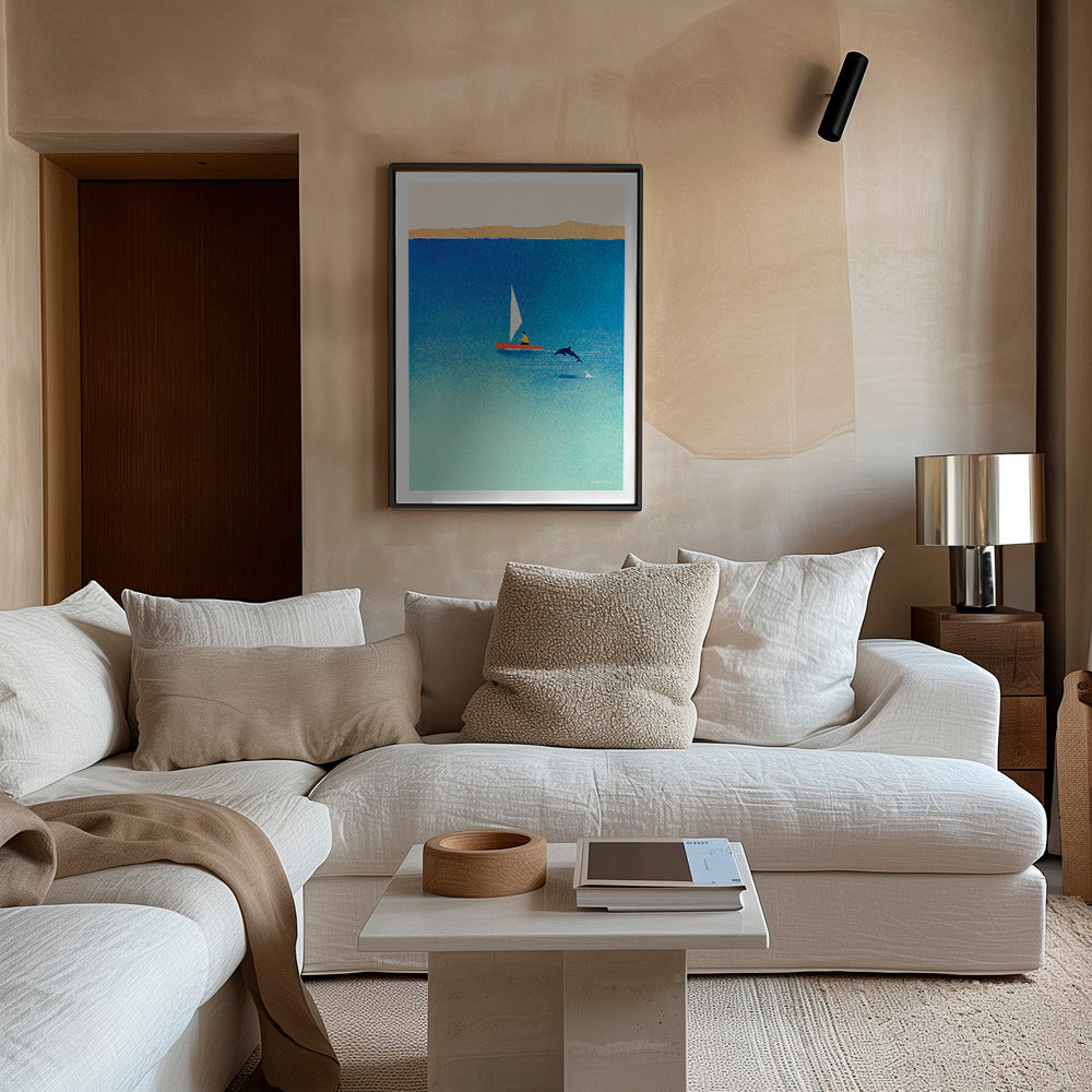 Œuvre d'art dauphin et voilier en mer bleue – Canvas1