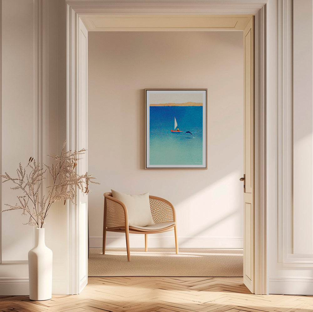 Œuvre d'art dauphin et voilier en mer bleue – Canvas2