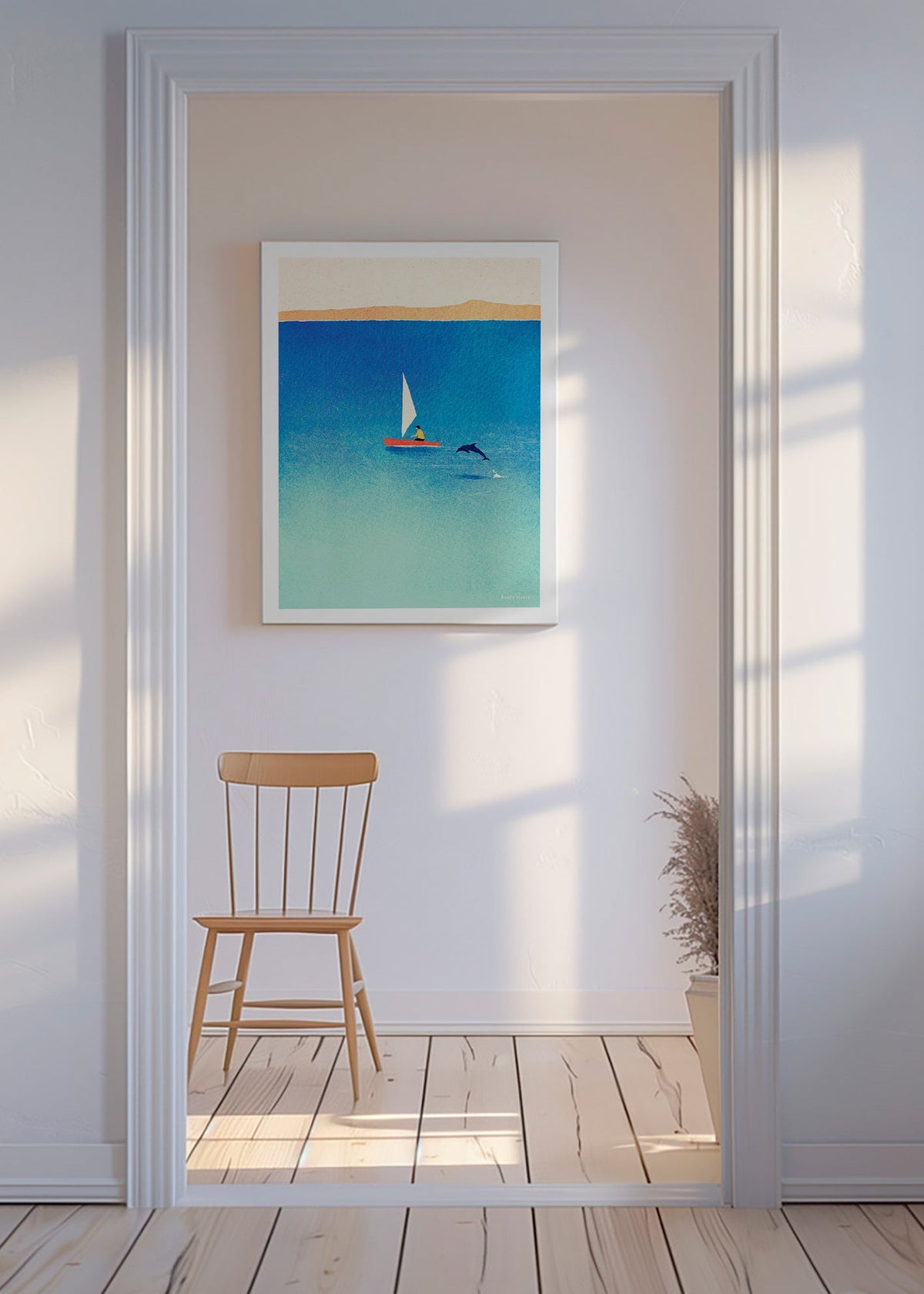 Œuvre d'art dauphin et voilier en mer bleue – Canvas