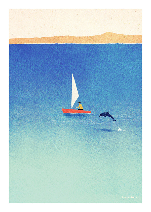 Œuvre d'art dauphin et voilier en mer bleue