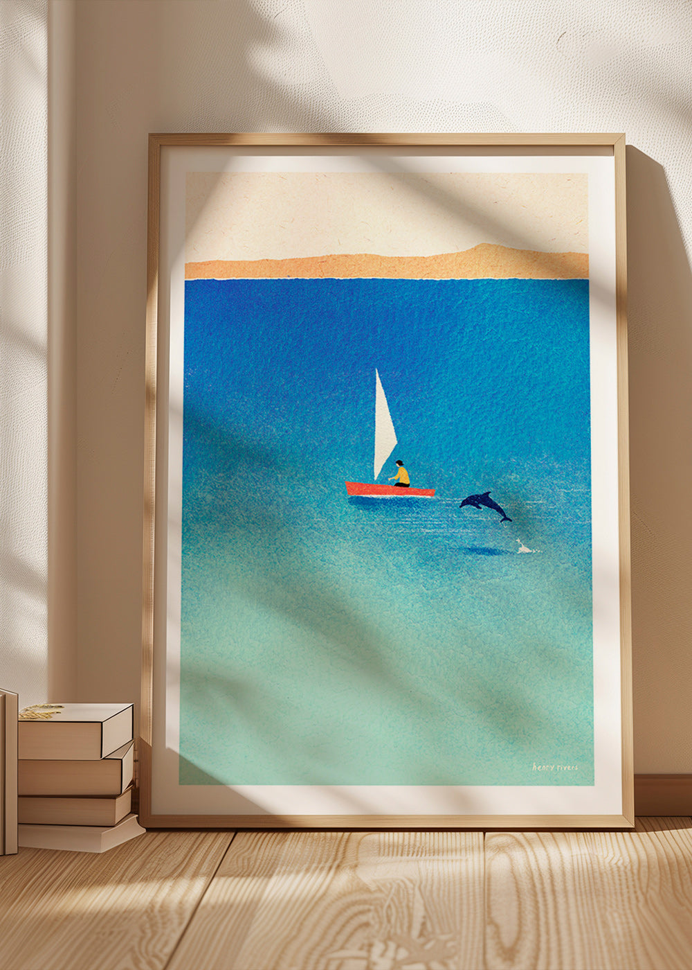Œuvre d'art dauphin et voilier en mer bleue – Product1