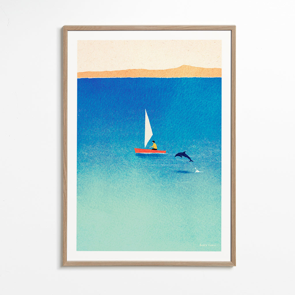 Œuvre d'art dauphin et voilier en mer bleue – Oak Frame