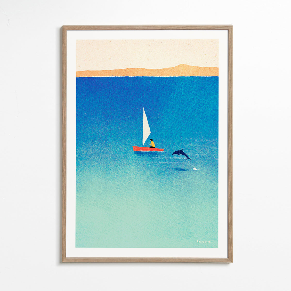 Œuvre d'art dauphin et voilier en mer bleue – Oak Frame