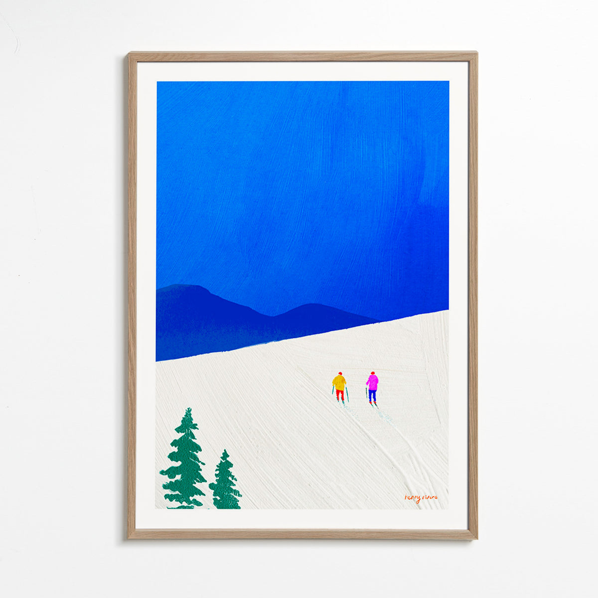 Art sportif: deux skieurs sur la pente – Oak Frame