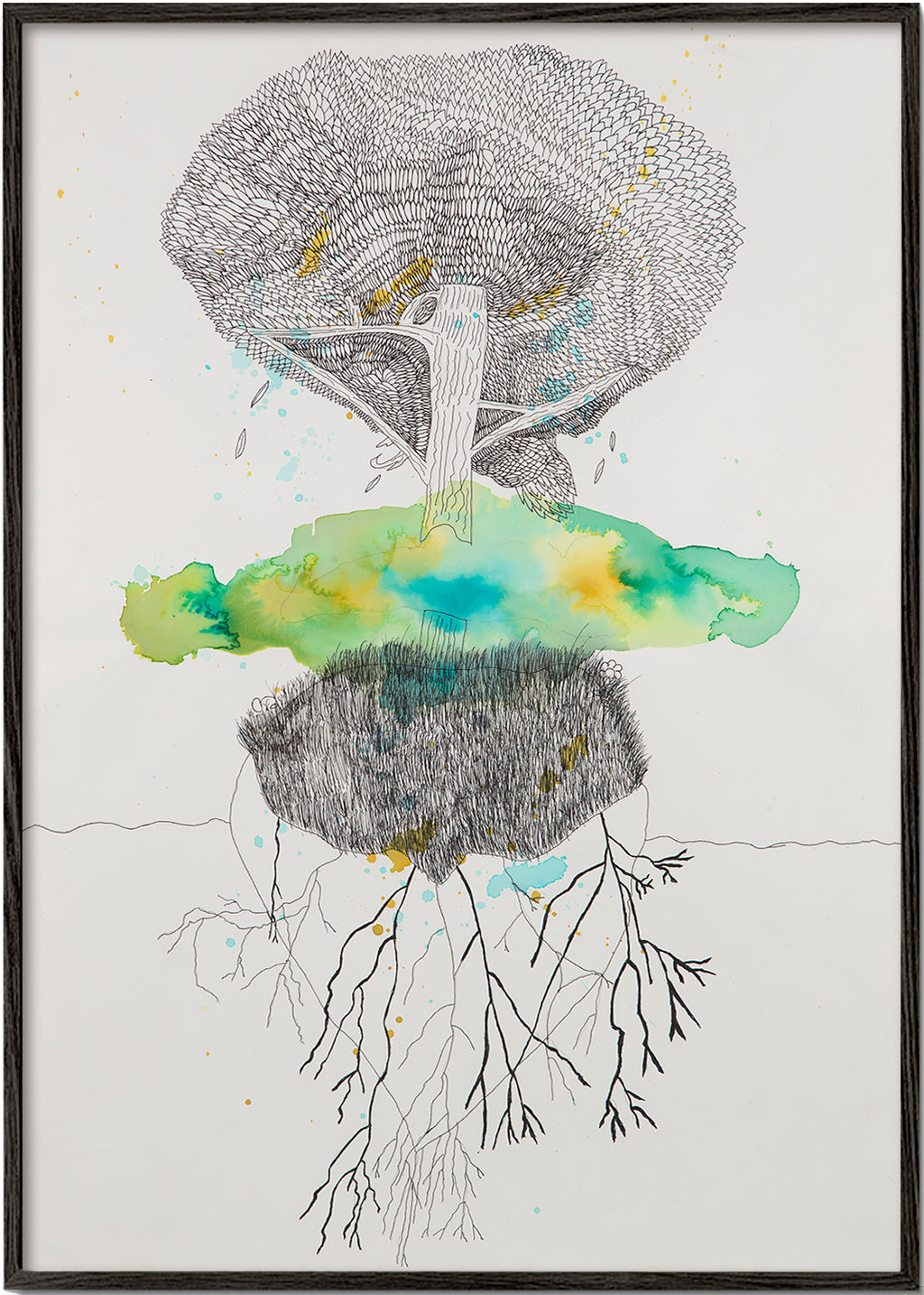 Impression botanique arbre et racines en encre et aquarelle – Black Frame