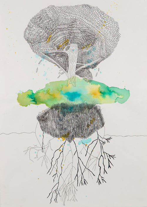 Impression botanique arbre et racines en encre et aquarelle