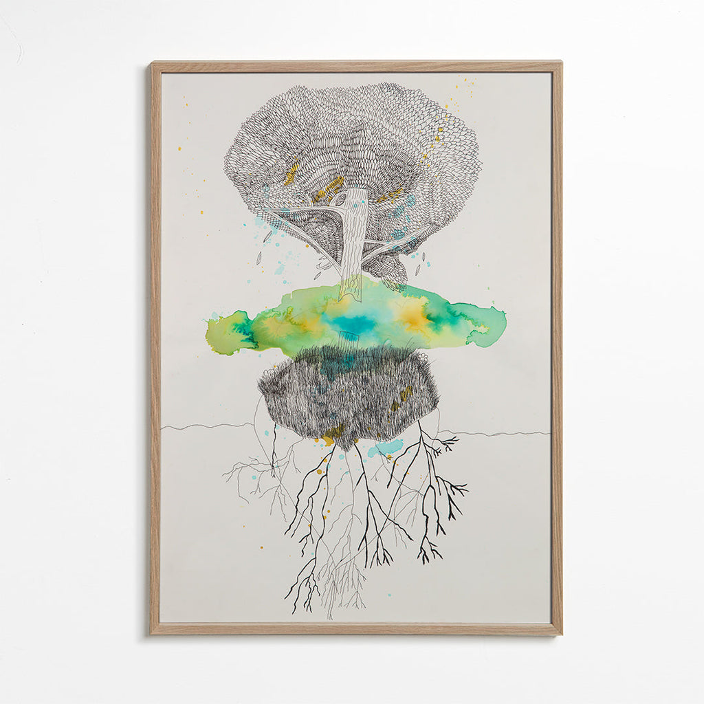 Impression botanique arbre et racines en encre et aquarelle – Oak Frame