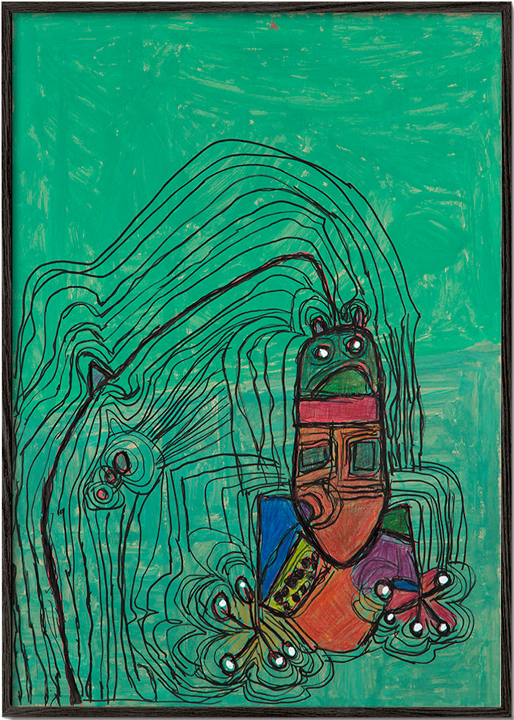 Illustration ludique avec personnage sobre fond vert – Black Frame