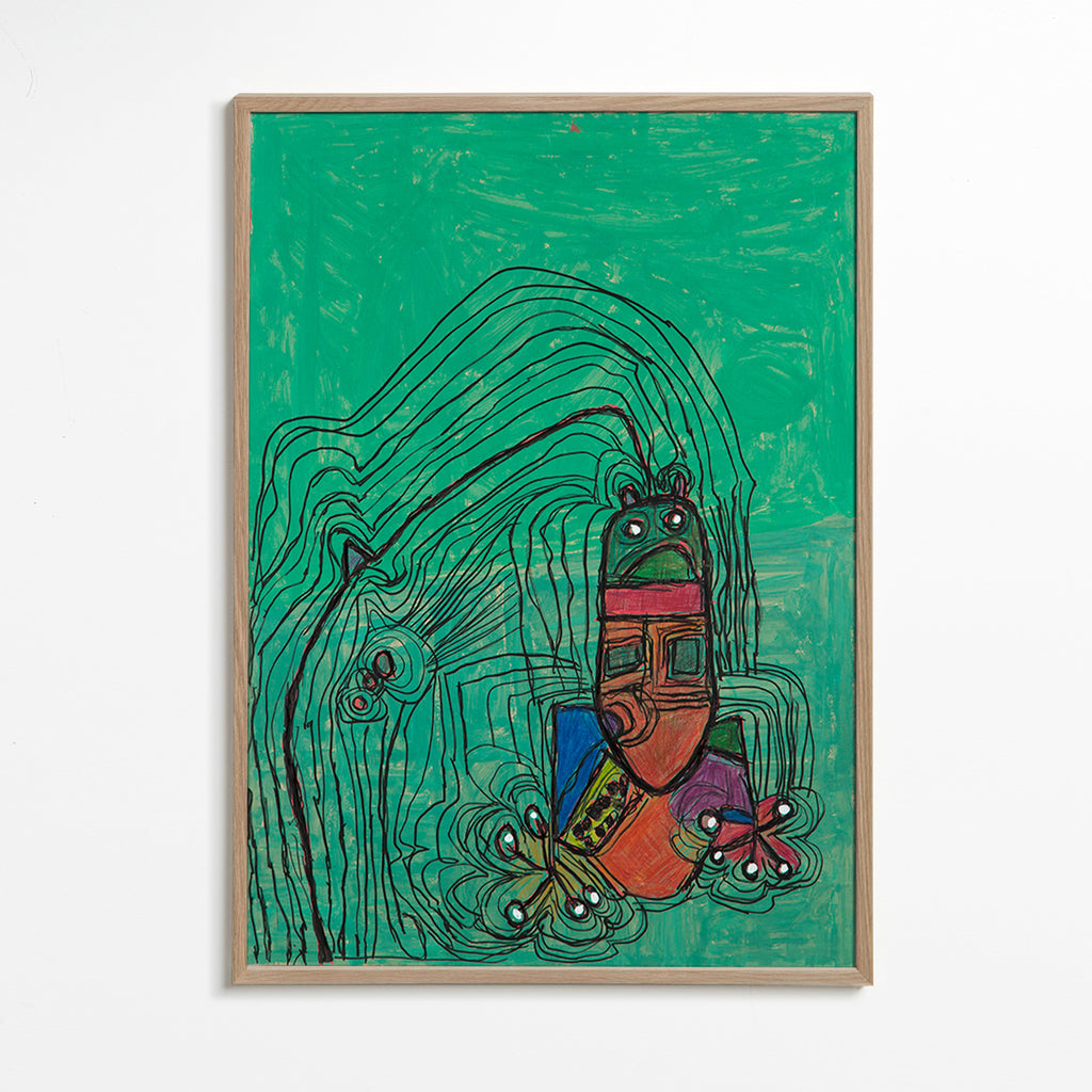 Illustration ludique avec personnage sobre fond vert – Oak Frame