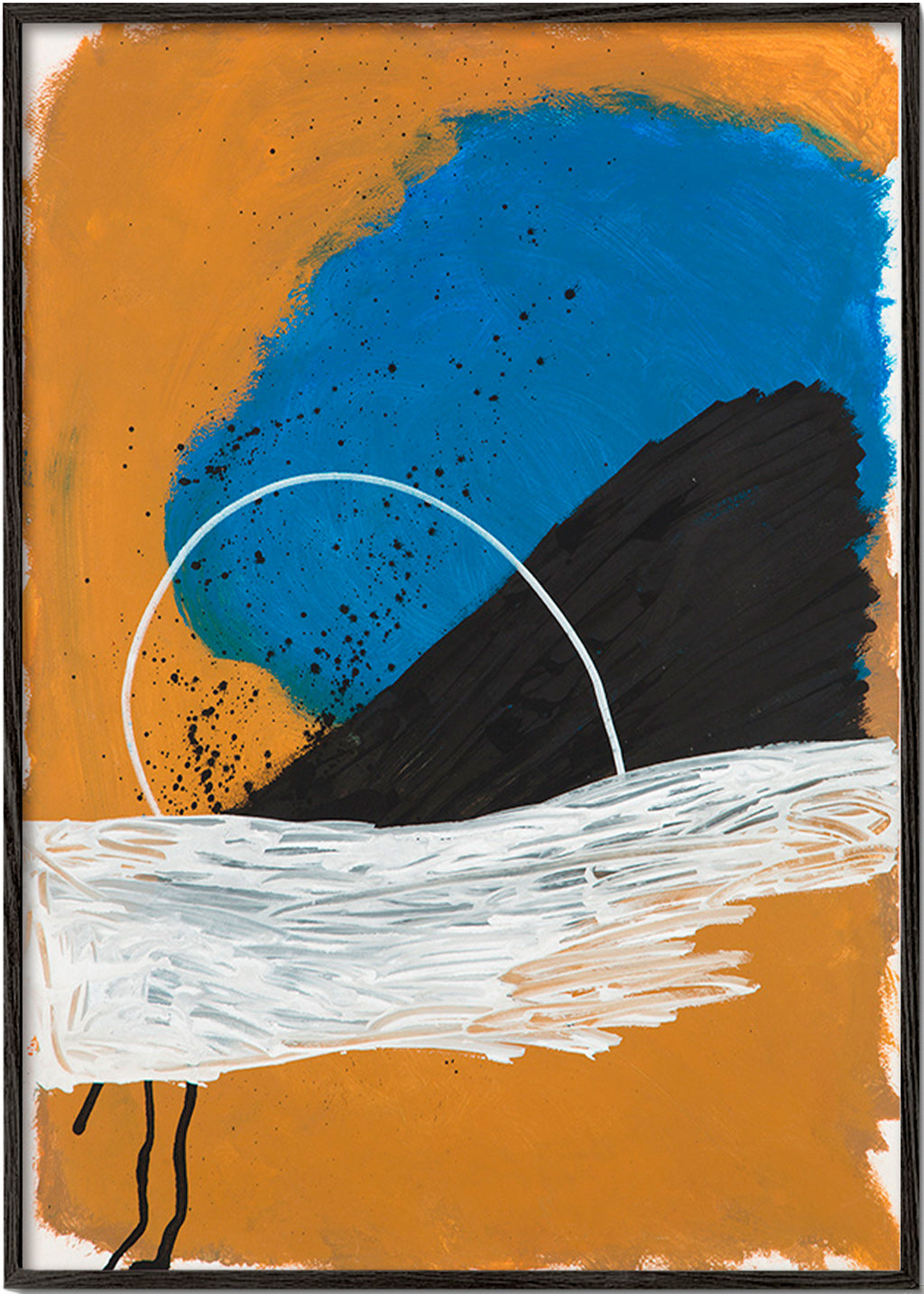 Œuvre abstraite arc côtier en ocre et bleu – Black Frame