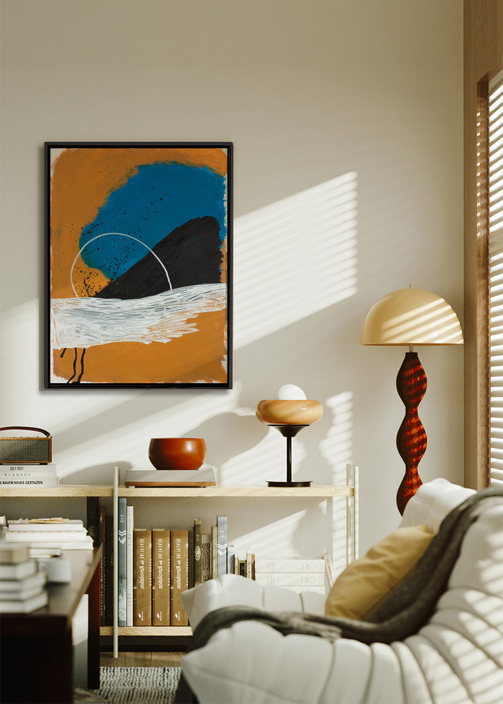 Œuvre abstraite arc côtier en ocre et bleu – Canvas2