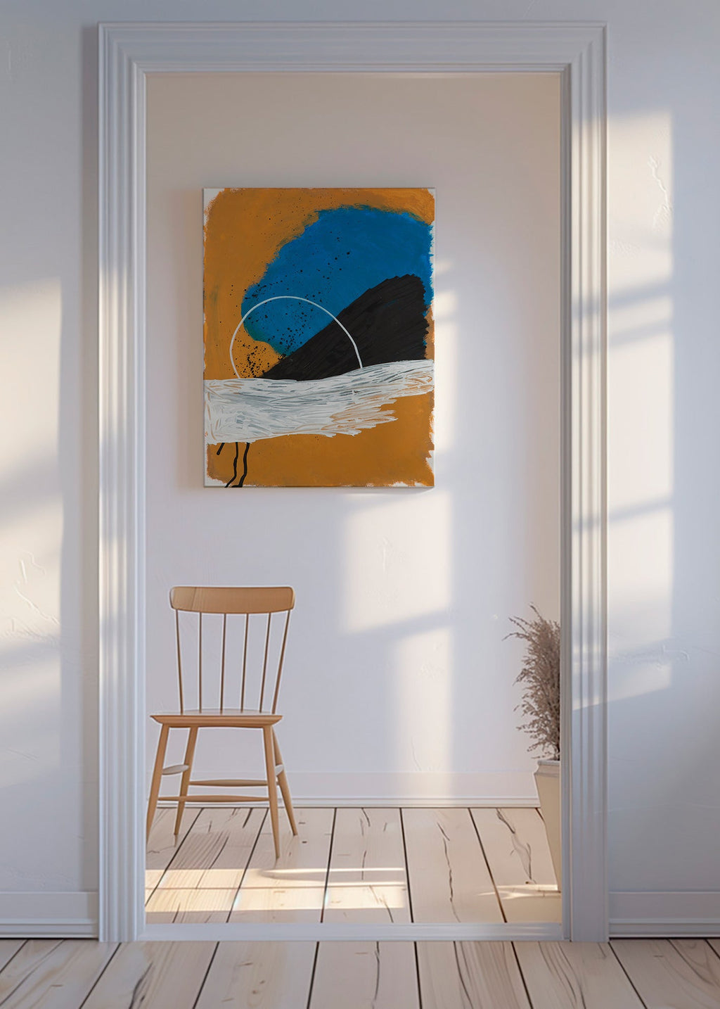 Œuvre abstraite arc côtier en ocre et bleu – Canvas