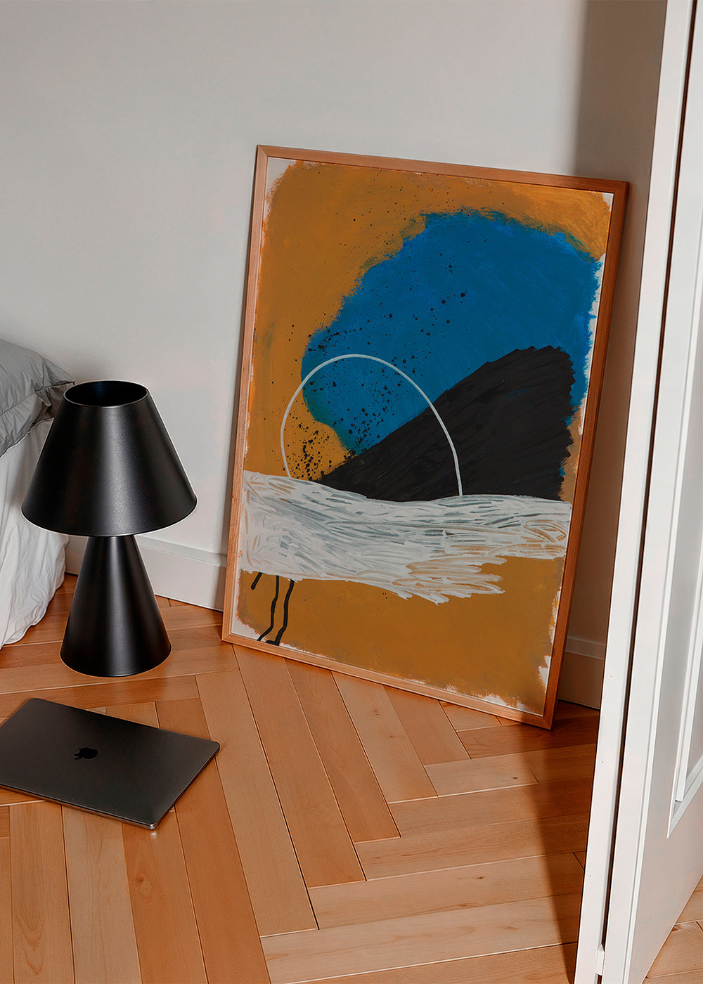 Œuvre abstraite arc côtier en ocre et bleu – Product2