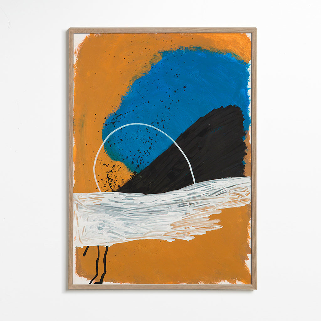 Œuvre abstraite arc côtier en ocre et bleu – Oak Frame